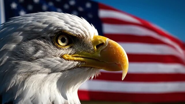Ultra realistic cinematic shot of bald eagle head centered in frame intense focused eyes slight side angle smooth organic movement feathers sharply defined detailed plumage texture dramatic rim light 