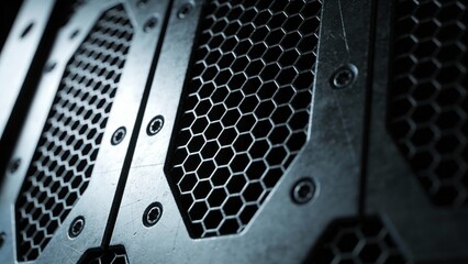 Dark metallic honeycomb texture grid, industrial close-up composition, harsh overhead spotlight, fut