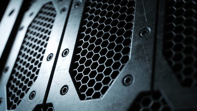 Dark metallic honeycomb texture grid, industrial close-up composition, harsh overhead spotlight, fut
