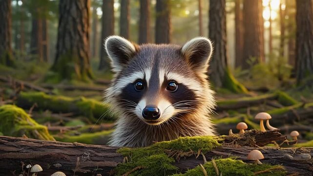 Curious raccoon peeking from behind mossy log in enchanted forest