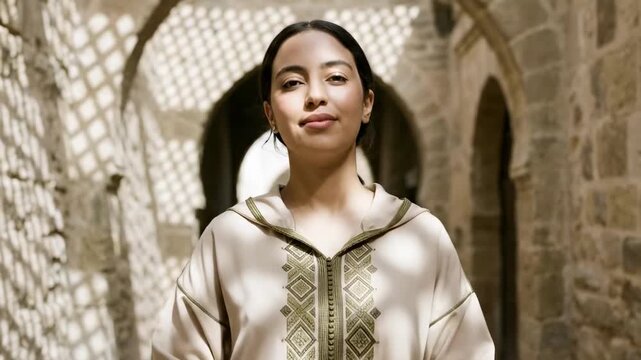 A young morocco woman in traditional attire stands confidently in an ancient stone corridor, sunlight casting intricate shadows around her, highlighting cultural heritage and individuality