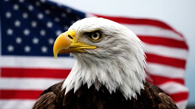 Slow motion close up of powerful bald eagle head turning slightly toward camera sharp detailed eye reflection realistic feather structure high contrast lighting emphasizing beak curve shallow depth of