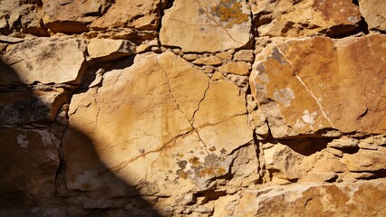 Rough abstract texture of weathered stone wall in earthy ochre shades, expansive wall-filling compos