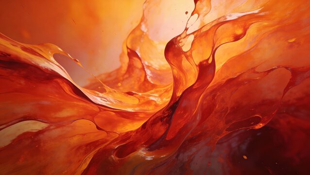 Fluid abstract art of melting color forms in fiery oranges and reds, organic flowing composition acr
