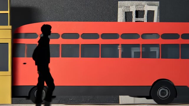 Paper Cutout Stop Motion Red Bus in Urban Scene: Two-Dimensional Art Inspired by London Transit System with Silhouette Figures and Vibrant Colors in Minimalist Retro Design