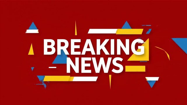 A vibrant breaking news animation featuring dynamic geometric shapes, bold white headline text, and a modern red background. Ideal for news updates, alerts, announcements, broadcast intros, and media 