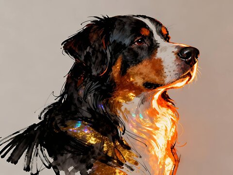 Minimalist abstract sketch series : Bernese Mountain dog, with iridescent orange-gold effect portrait of a canine pet in gray cardstock 007