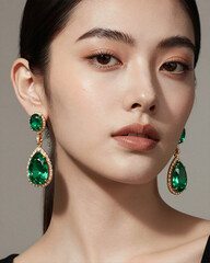Close-up Beauty Shot of Model with Emerald Earrings