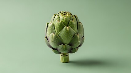Fototapeta premium Single fresh artichoke with water droplets on a pastel green backdrop