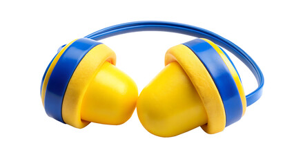 Bright yellow earplugs with blue headband and transparent ear cups for sound protection isolated on a transparent background