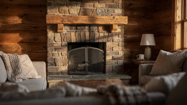 Mountain cabin hearth corner with an unlit brick fireplace as the main subject surrounded by blurred cushioned seats and a wooden side table evoking calm anticipation.