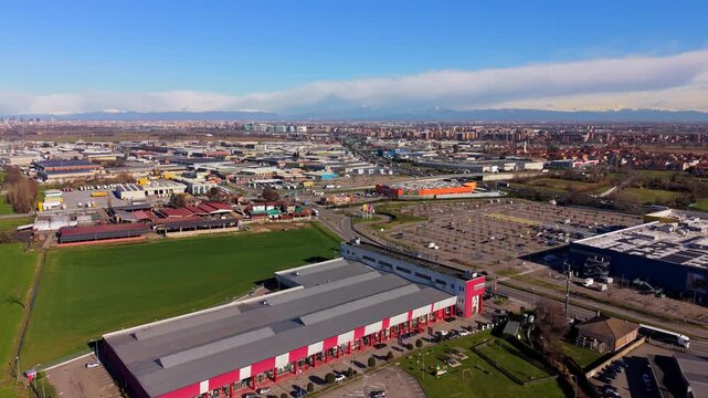 Aerial view of industrial park and shopping center
