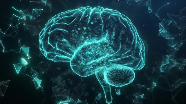 Neural Network Brain Map Shattering into Thousands of Cyan Synaptic Light Node Connections - Digital Visualization