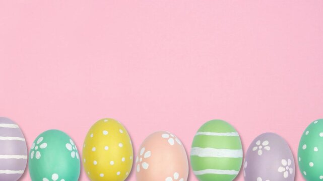 Colorful Easter Egg bottom border on a pink background. Up down, stop motion. Copy space.