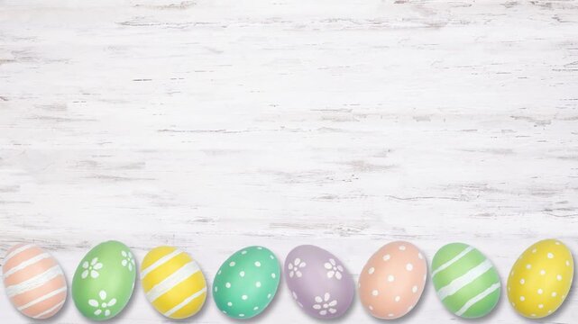 Colorful dancing Easter Egg bottom border on a white wood background. Stop motion. Copy space.