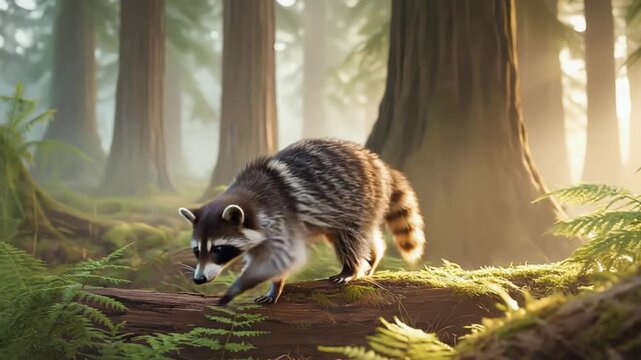 Raccoon standing on mossy log in misty forest with ferns