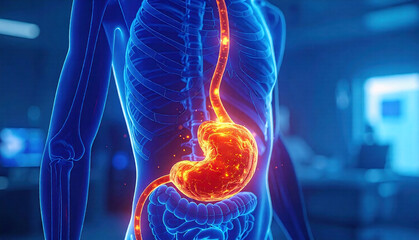 3D medical illustration of human digestive system highlighting inflamed stomach and esophagus, representing acid reflux, GERD, and gastric disorder concept.