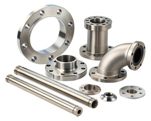 Precision Stainless Steel Pipe Fittings and Flanges in Shiny Metallic Finish isolated on a transparent background