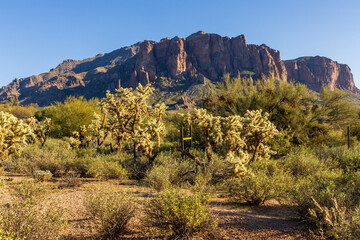 Scenic view of Superstition Mountains in Lost Dutchman State Park near Phoenix, Arizona