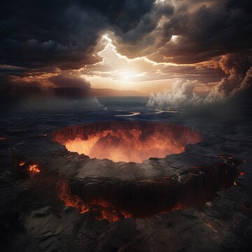 Dramatic Landscape with Volcanic Crater and Stormy Sky A Scene of Earth s Power and Destruction
