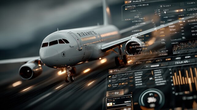 Futuristic aircraft navigation system displaying real-time flight data and charts for advanced