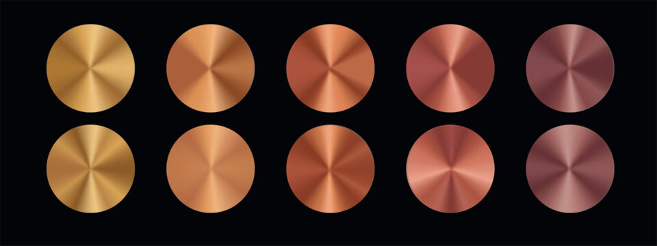 Gold gradient circles with metallic radial effect. Elegant golden, bronze and rose gold gradation with smooth finish and holographic shine.