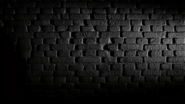 A dark, textured brick wall illuminated from above, creating deep shadows and highlighting the rough surface.