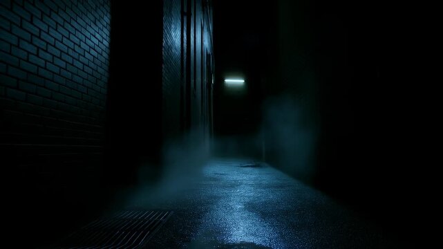 A dark and mysterious alleyway with a single distant light source, wet ground reflecting the blue glow, and eerie mist rising from the pavement.
