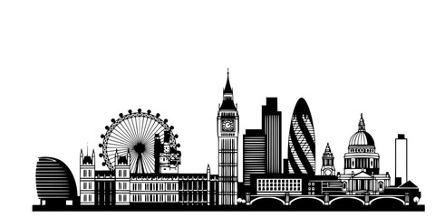 Fototapeta premium London Skyline Landmarks Flat Vector Illustration, Black and White UK Tourism