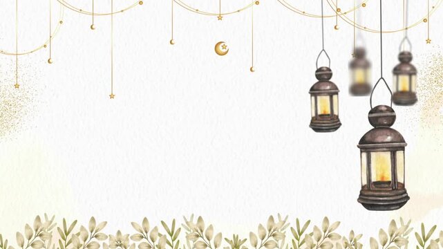 Artistic watercolor Ramadhan Kareem background with glowing hanging lanterns, crescent ornaments, and soft leafy border. Ideal for Eid Mubarak greeting cards, invitations, and social media designs.