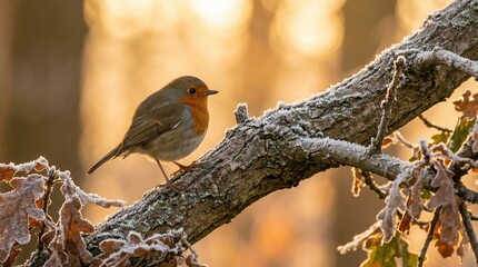 European robin perched on a frost-covered branch during a golden sunrise