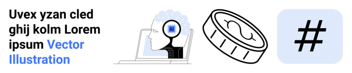 Fototapeta premium Person represents AI insight, coin for finance, metadata tag for social media. Ideal for AI technology, cryptocurrency, online branding, software development, data analysis, innovation simple