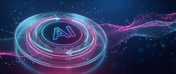 Obraz premium Neon AI hub with concentric glowing rings and flowing data wave. Futuristic holographic interface, tech network visualization, neon cyan and magenta digital background.