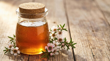 Fototapeta premium Pure manuka honey jar with cork lid and manuka blossoms on rustic wood. Natural raw honey, organic monofloral honey, close-up product view. 