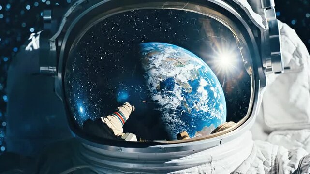 Astronaut in space with Earth reflection in helmet visor