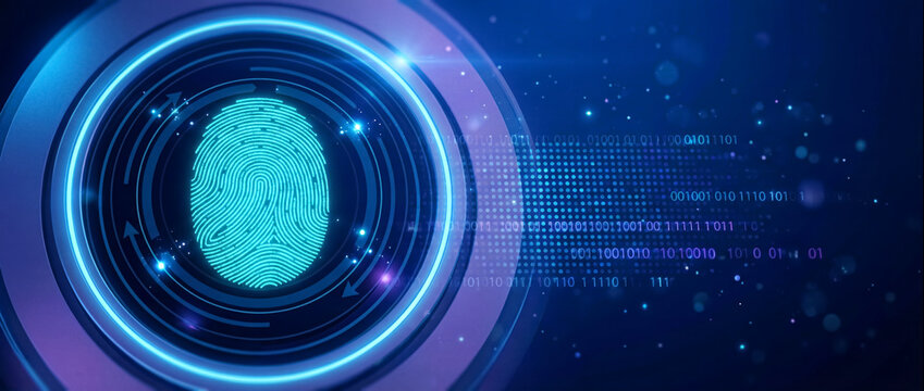 Biometric fingerprint hologram in neon circular interface. Futuristic security, identity verification, digital authentication concept. 