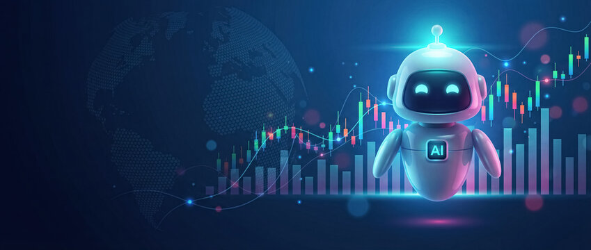Cute fintech robot with holographic candlestick chart. AI trader, stock market analytics, trading dashboard. AI in investment management. 