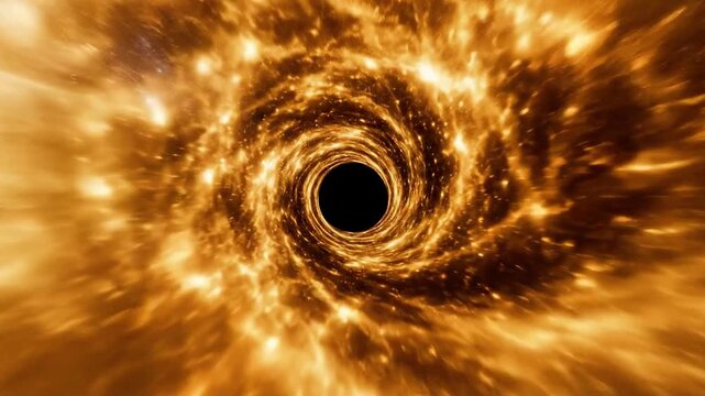 A black hole consuming a swirling, golden-hued gas cloud in space