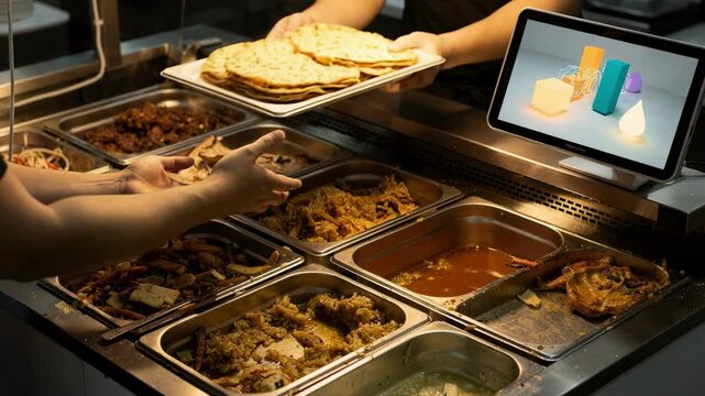 Medium shot of overhead camera capturing buffet trays with pan levels main focus on AI system screen displaying refill alerts for efficient food management.