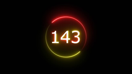 Neon Glowing counting number illustration on black background.  Neon counting timer text number. 