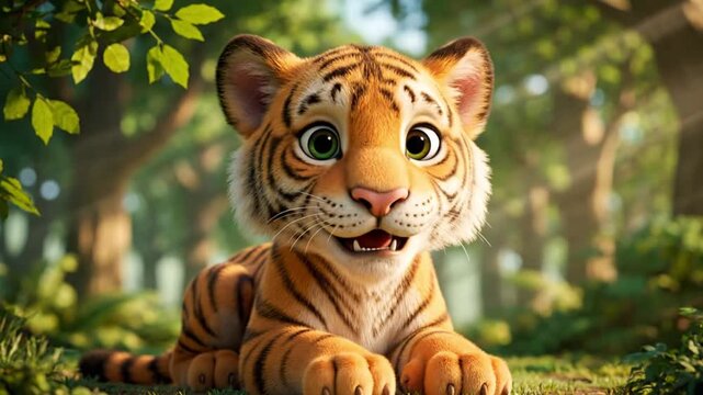 A cartoon tiger cub with big eyes lies on green grass in a sunny forest with a cheerful expression.