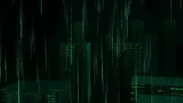 Digital Cityscape Matrix Code Rain Over Dark Urban Buildings