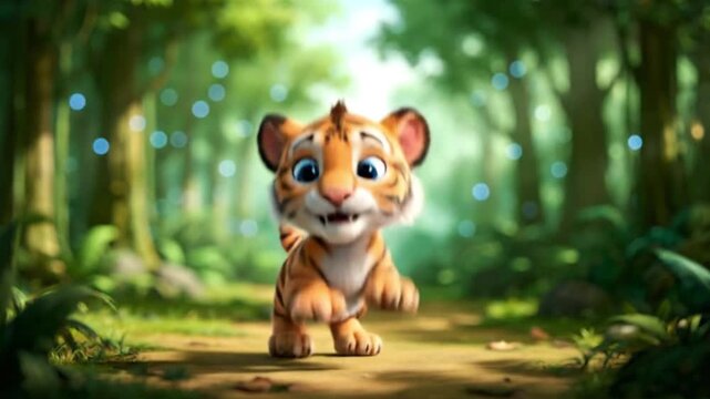 A cute cartoon tiger standing on a forest path with a joyful expression and colorful surroundings.