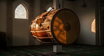 Naklejka premium The drum is a tool to mark the time to break the fast in a warm and peaceful twilight atmosphere.