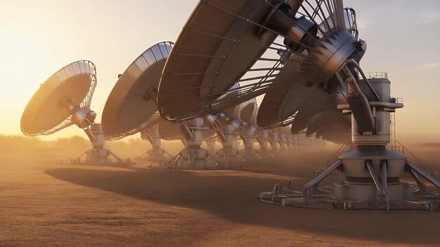 Giant Satellite Dishes in Desert at Sunset Global Communication Science