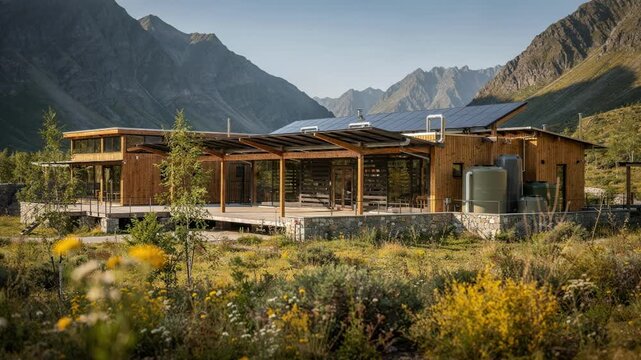 Medium shot of a sustainable lodge complex framed by towering mountain valley peaks with solar panels on canopies and rainwater tanks visible in crisp focus against blurred
