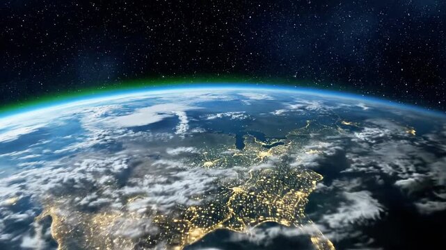 A vibrant blue planet with white clouds and a green atmosphere, half-illuminated by a bright sun in dark space