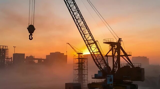 silhouettes of port cranes against bright orange sunset and thick fog