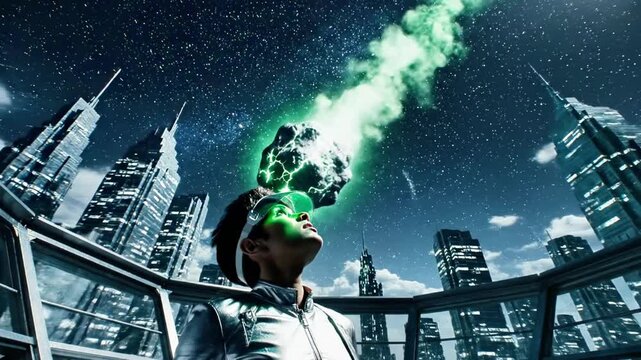 A person in a white jacket with a glowing green head, standing on a metal balcony, as a large, dark, rocky object with glowing green lightning is falling from the sky above