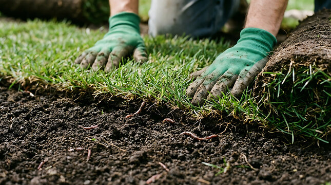 Hands in green gloves laying sod on soil for gardening or landscaping project